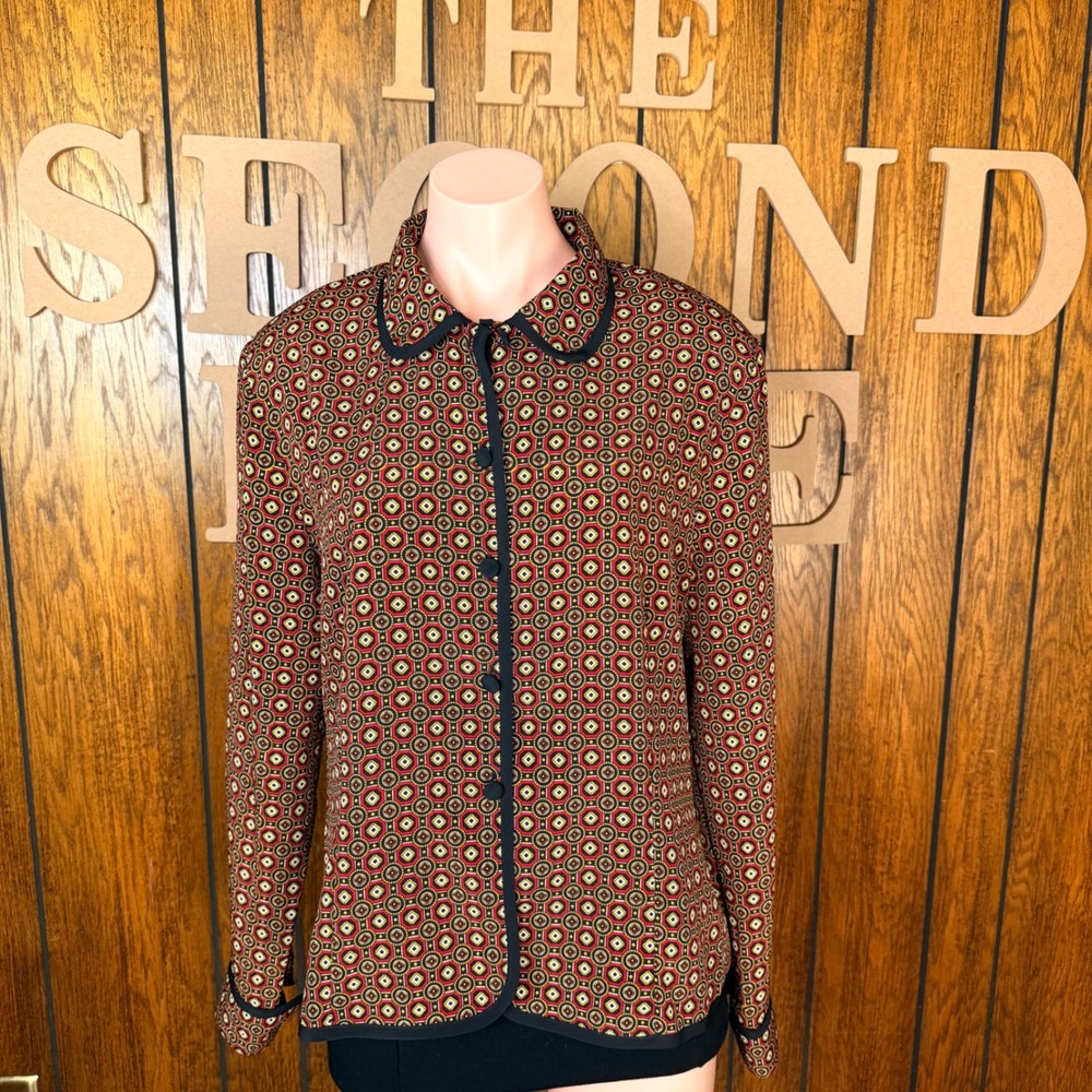 Bora Bora Geometric Blouse Womens Large Red Retro Whimsygoth Folk Button Up Top